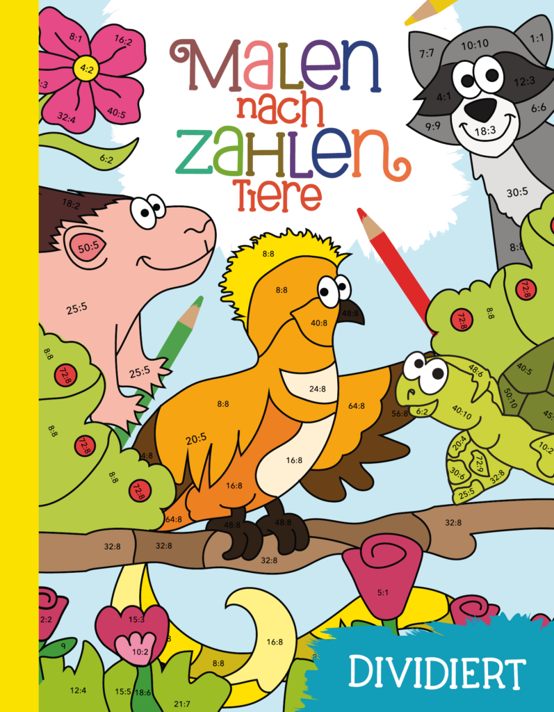 Malen nach Zahlen: Lerne und übe spielerisch das Dividieren mit 40 Tier-Motiven und farbiger Legende.